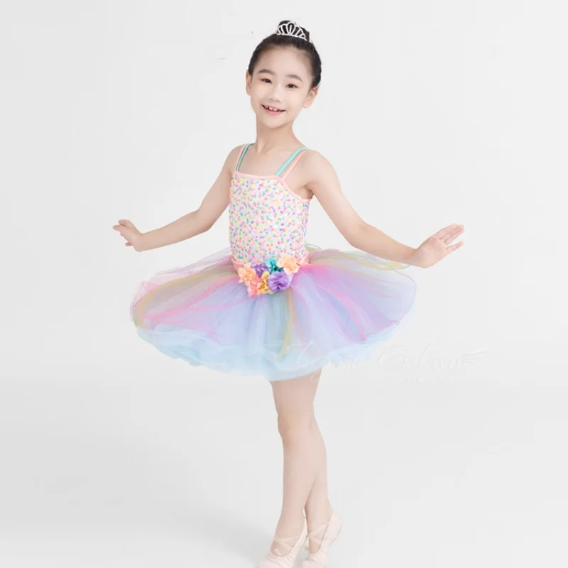 Crianças meninas profissional crianças ballet desempenho collants ginástica tutu bodysuit ballet colorido lantejoulas fio saia estilingue
