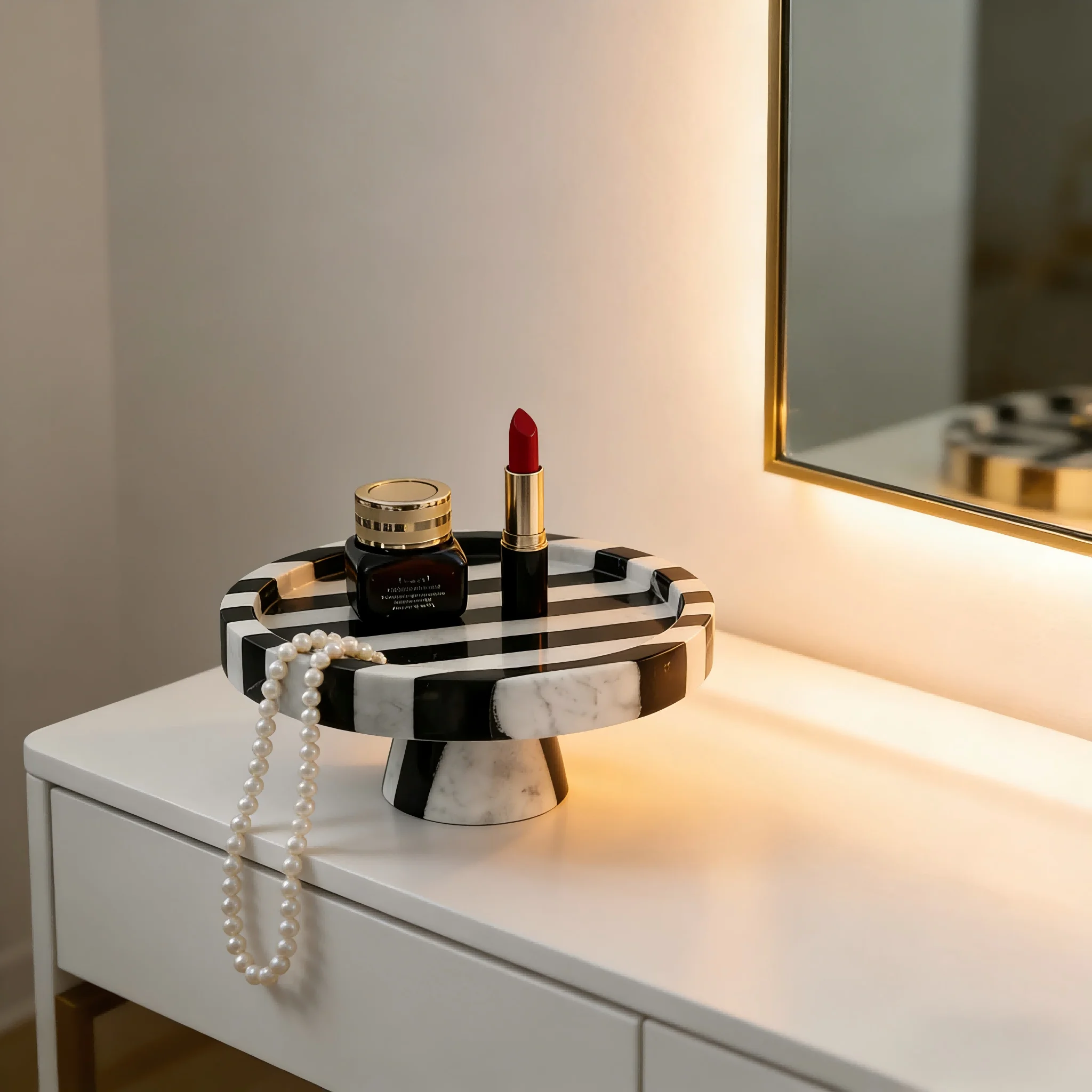 Black and White Striped Marble Vanity Tray, Round Pedestal Stone Organizer, Jewelry Makeup Perfume Display Tray Home Decor