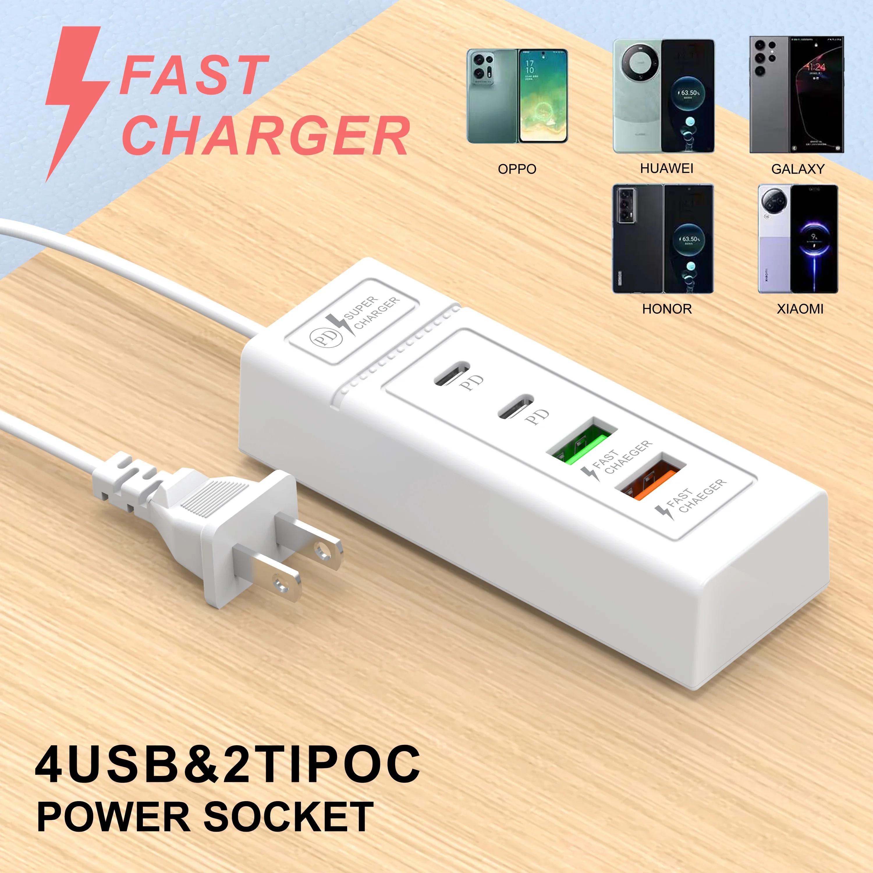4-Port USB Charger Station 4USB 2Type-C Fast Wall Adapter for iPhone Samsung Xiaomi Huawei EU US UK Plug Travel Power Adapter