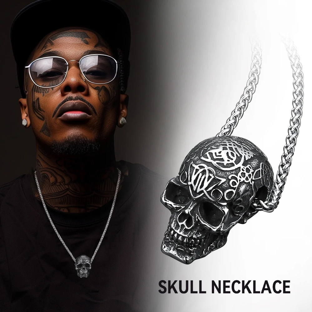 ChainsPro Stainless Steel Vintage Style Skull Head Pendant Necklace for Man 22inches 3mm Wheat Link Chain Gothic Jewelry Gift