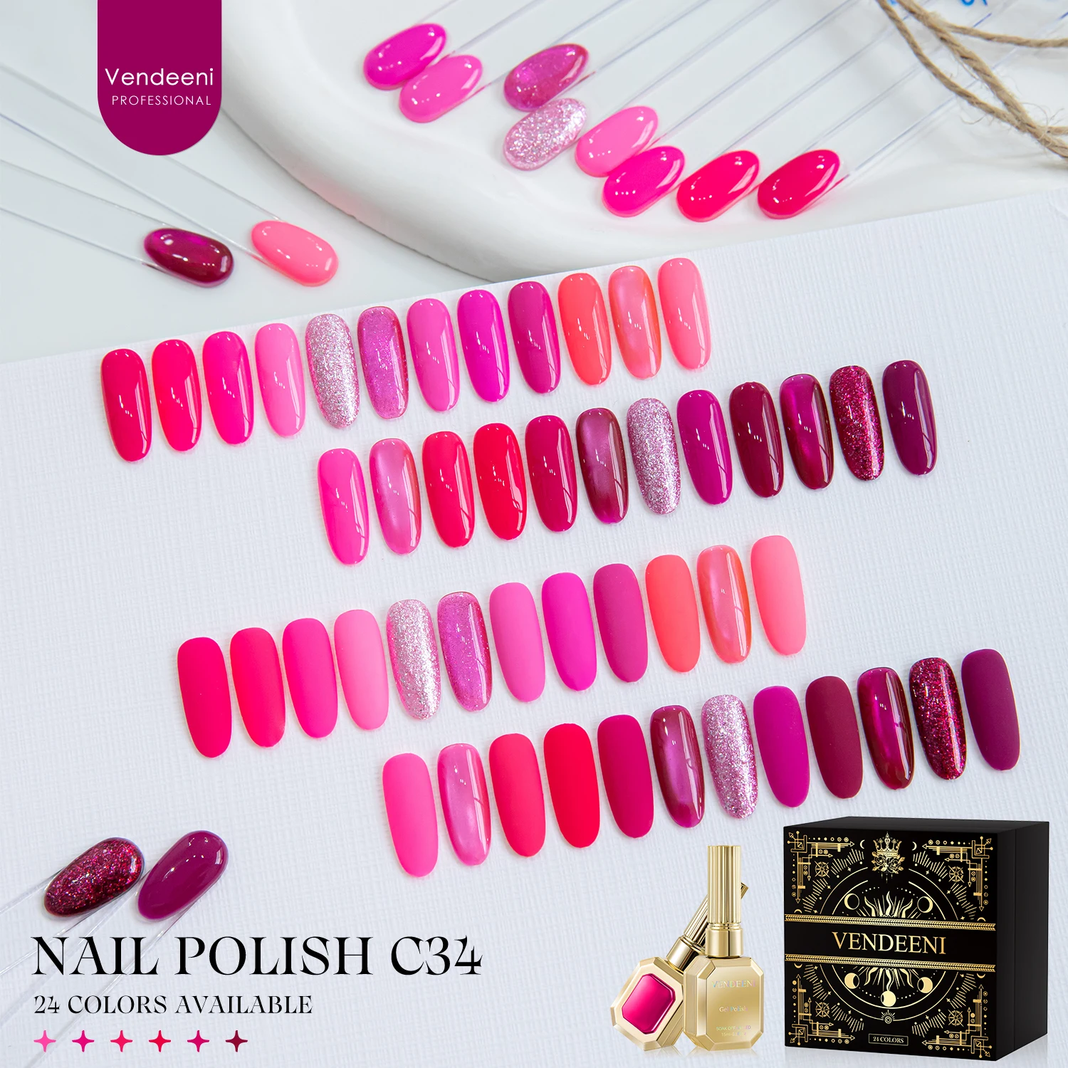 Vendeeni 24 Colors/Set Mixed Rose Red Gel Nail Polish Pure Color Glitter Sequin Gel Magnetic UV Cat Eye Gel Varnish With Display