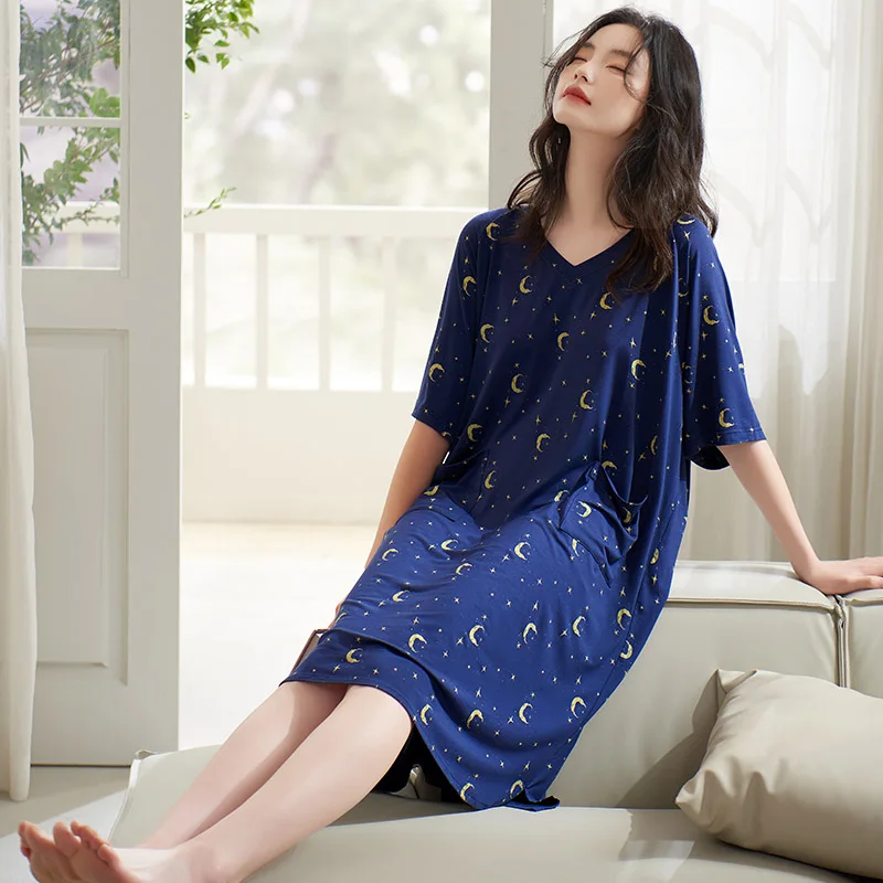 Summer Women's Long Dress Modal V-Neck Sleepwear Home Cloth Nightshirt Women Causal Sleepwear Loose Ladies Nightgown Women Dress