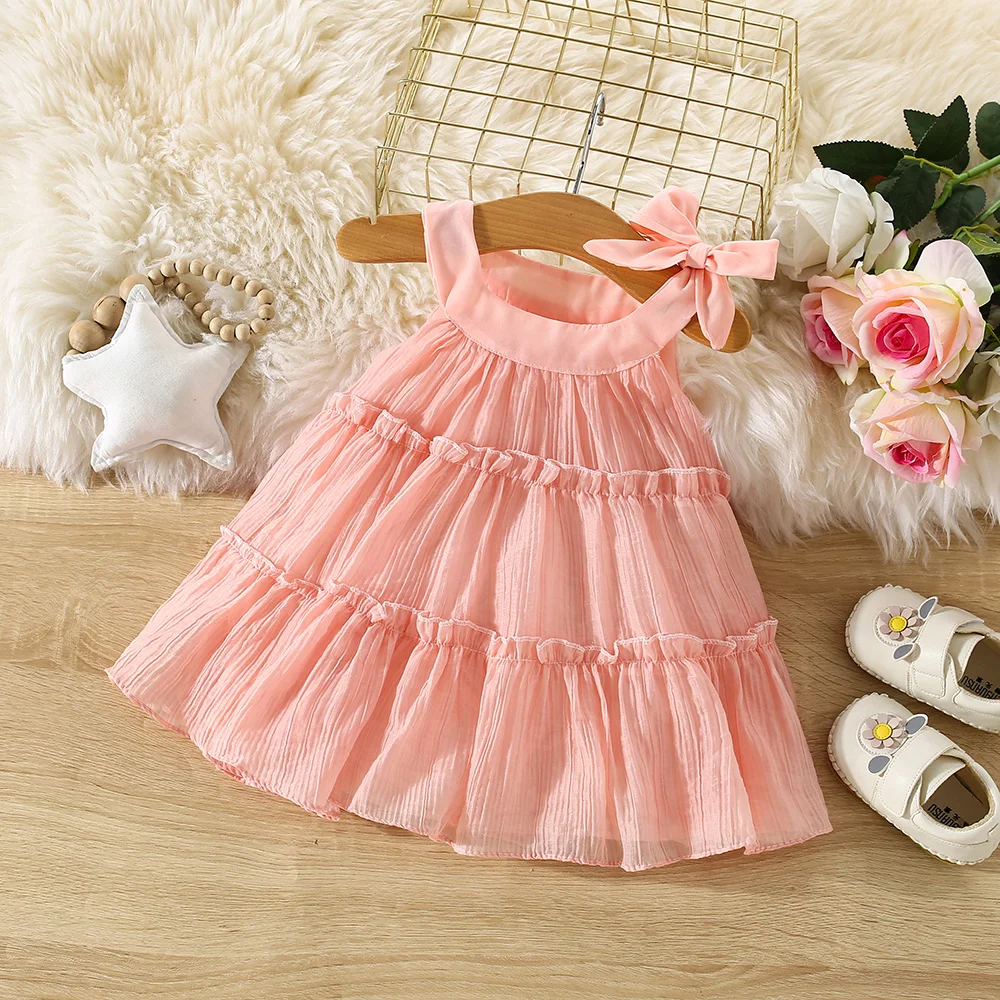 (0-3 Years Old) Summer Baby Girl Cotton Solid Color Suspender Thousand Layer Dress Girl Hanging Neck Princess Dress