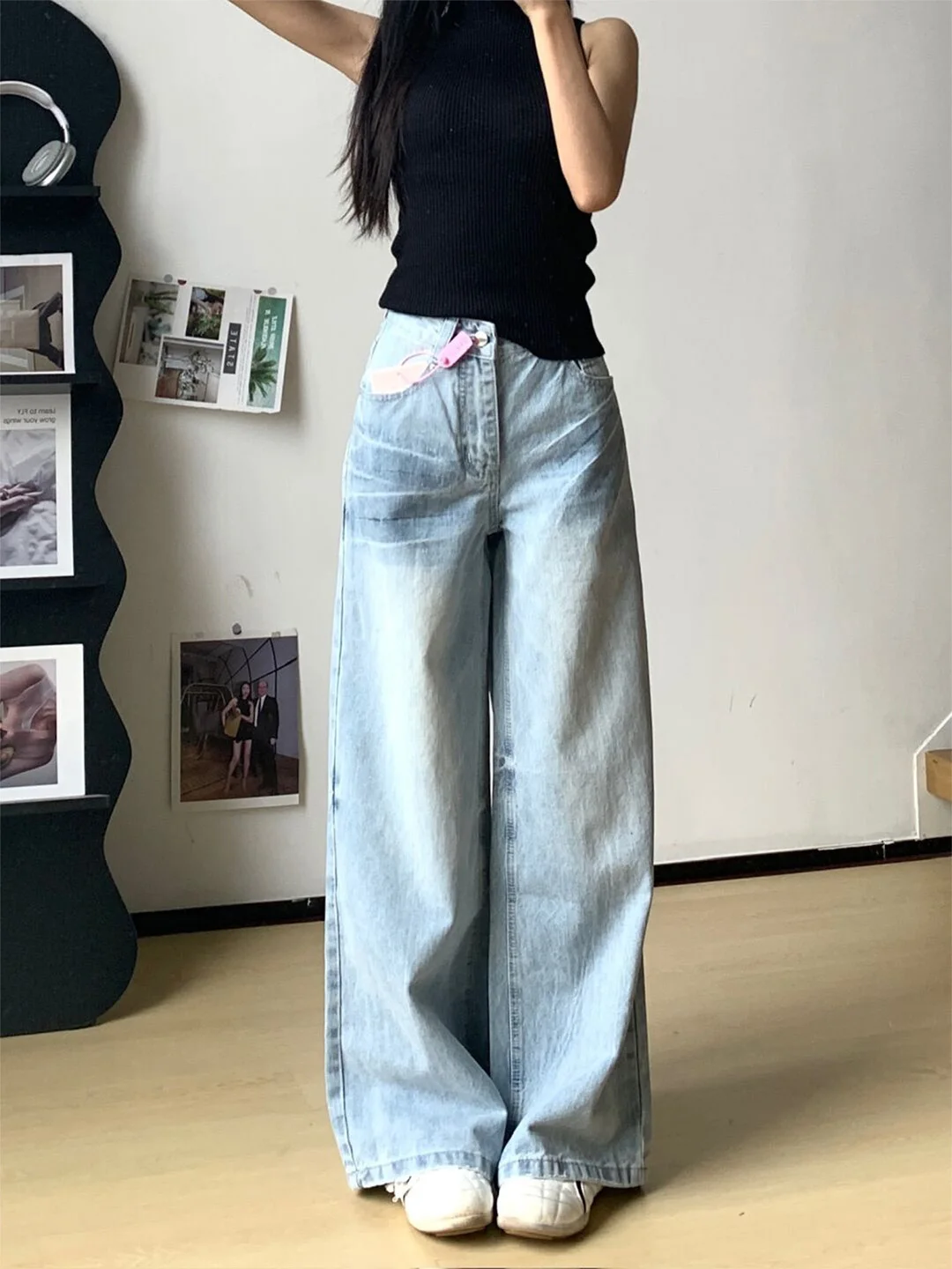 

Summer 2026 Women's Loose Straight Leg Thin Jeans Wide Leg Pants American Style Washed out Slimming Effect Floor Length