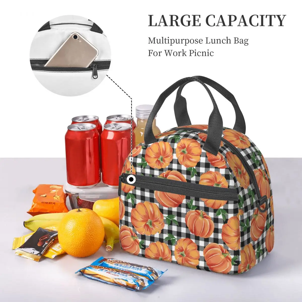 Large Lunch Box With Adjustable Shoulder Strap Fall Autumn Pumpkins Product Storage Food Box Cooler Thermal Bento Box For School