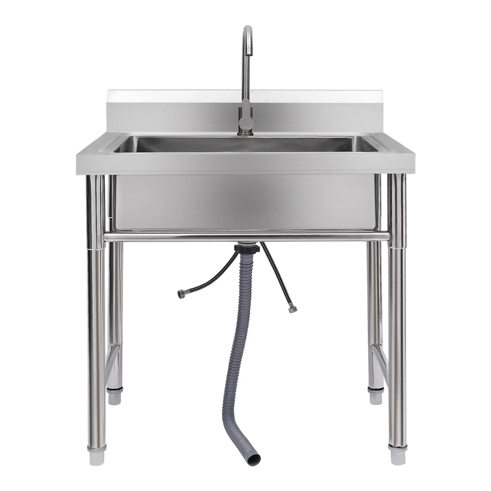 業務用キッチンシンク、ステンレス製シングルボウルユーティリティシンク、温水・冷水蛇口と排水管付き、屋内外洗濯用