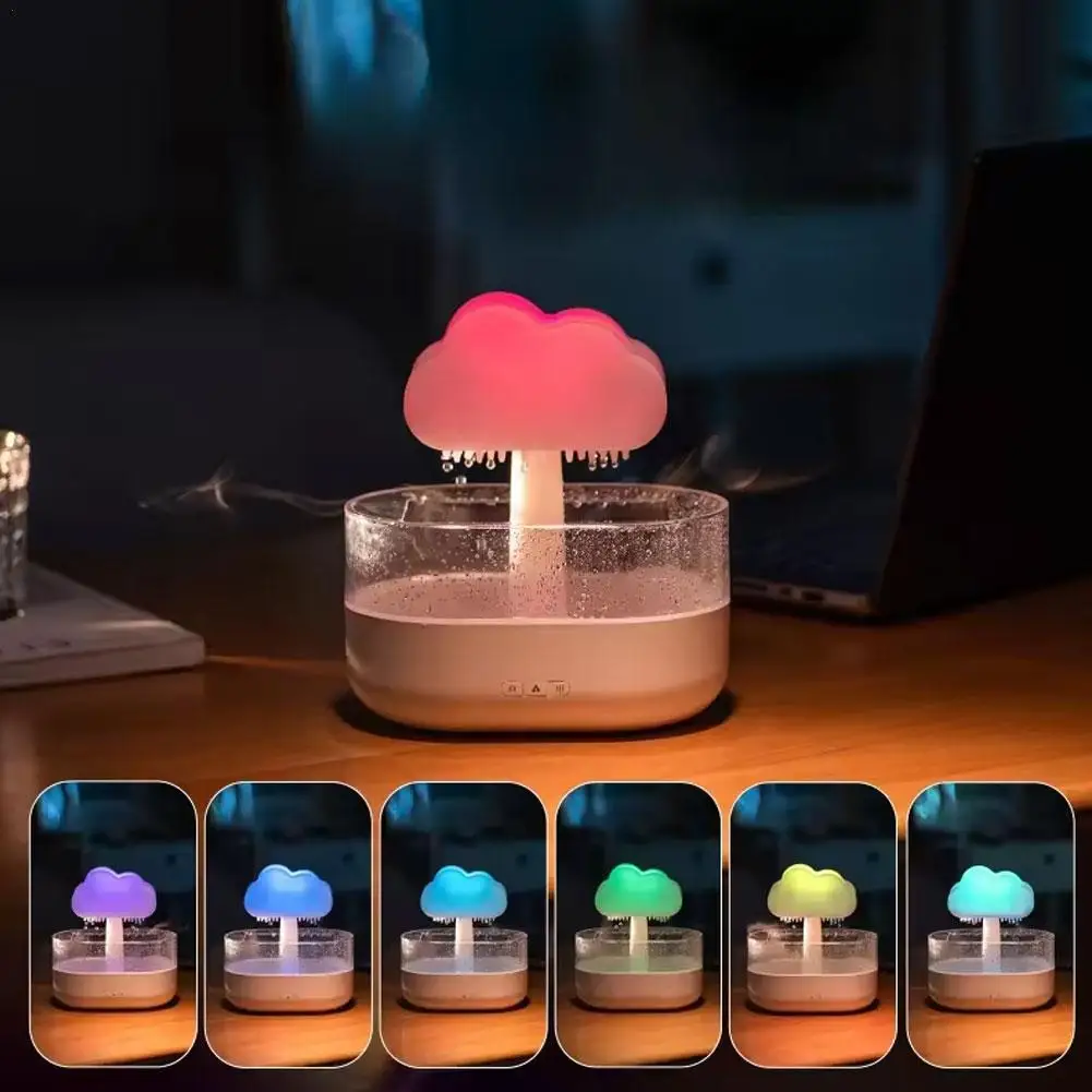 Cloud Air Humidifier Electric Aroma Essential Oil Diffuser Ultrasonic Mist Rain Cloud Color Night Light Raindrops White Noise