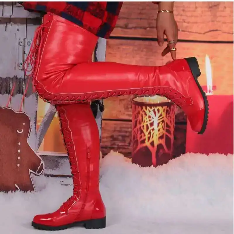Lace Up Bar Nightclub Women\'s Over The Knee Boots Big Size 34-46 Low Heels Boots Side Zip Black Red Long Boots