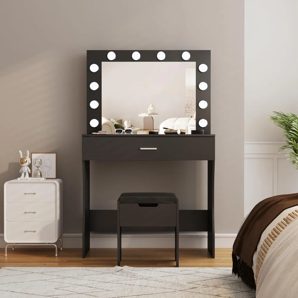 

Vanity Desk with Mirror and Lights, Adjustable Brightness, Black Vanity Table Set with Storage Drawer,Makeup Vanity Set