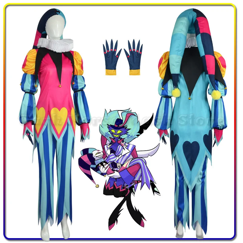Disfraz de Fizzarolli para Cosplay, Traje de Payaso Fizzarolli, Top, Pantalones, Sombrero, Guantes, Disfraz de Duende, Traje de Fiesta de Halloween para Hombres y Mujeres