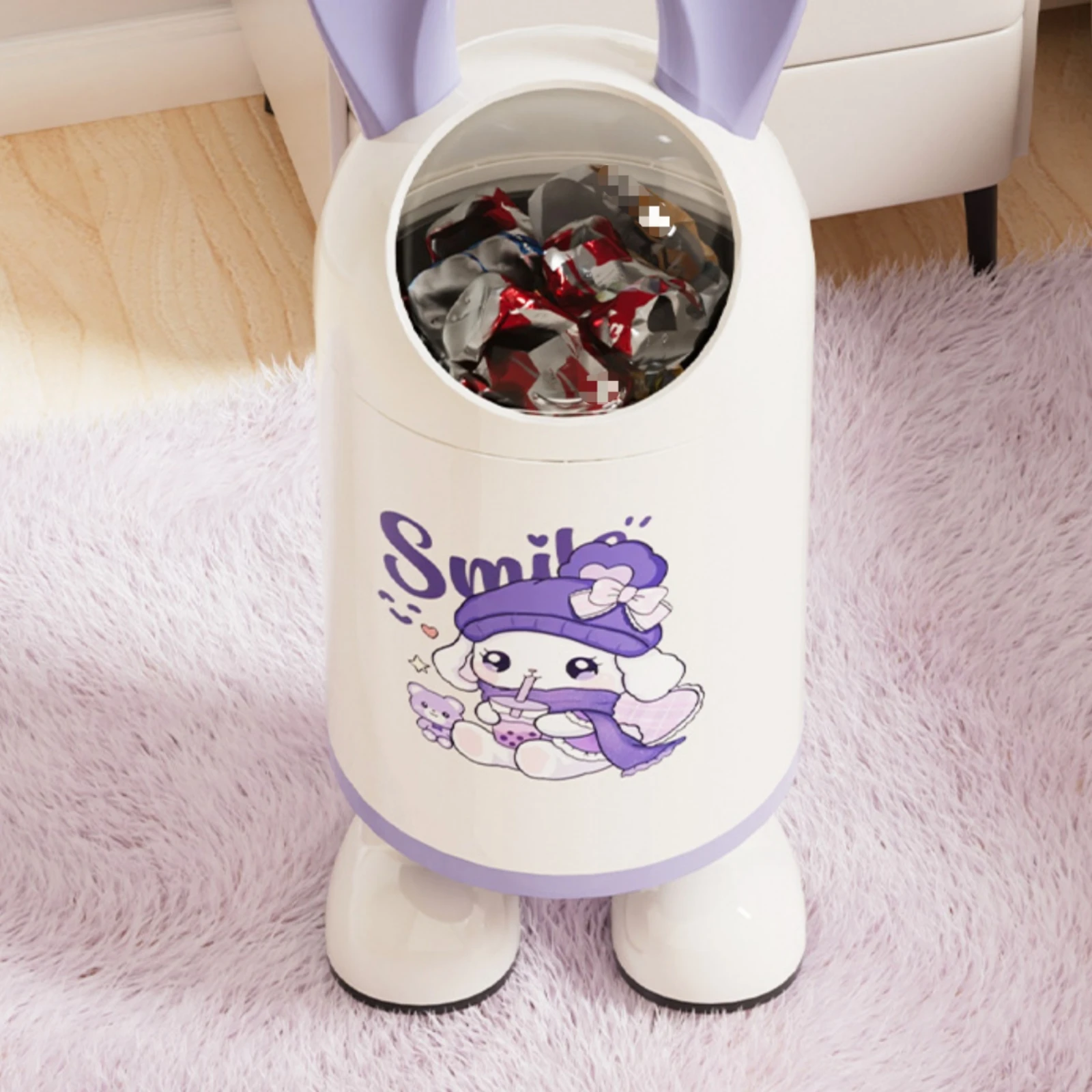 Cartoon Trash Can Rounded Cylindrical Sliding Lid Trash Can Waste Bin Light Violet Trim Household Storage Easy to Clean
