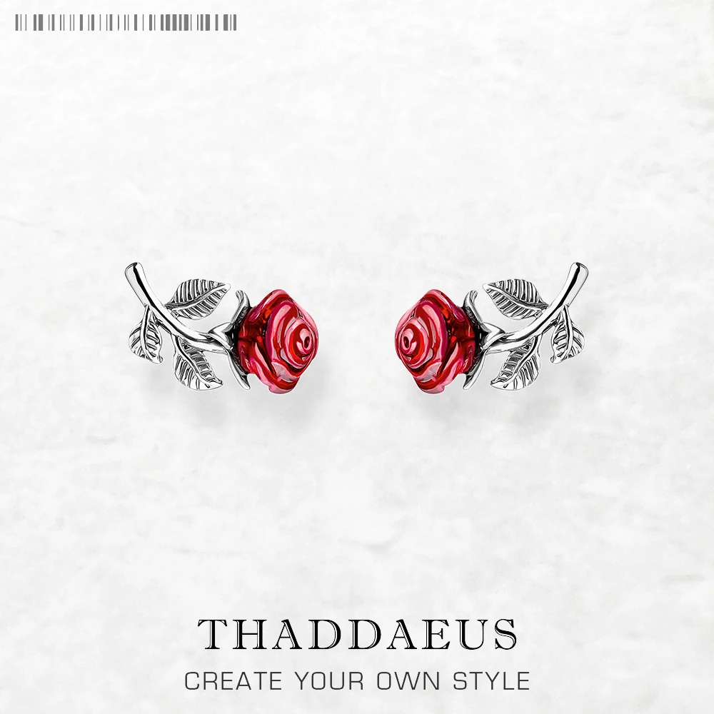 

Ear Stud Earrings Red Rose Flower Europe Fine Jewerly For Women Romantic Gift In Real 925 Sterling Silver