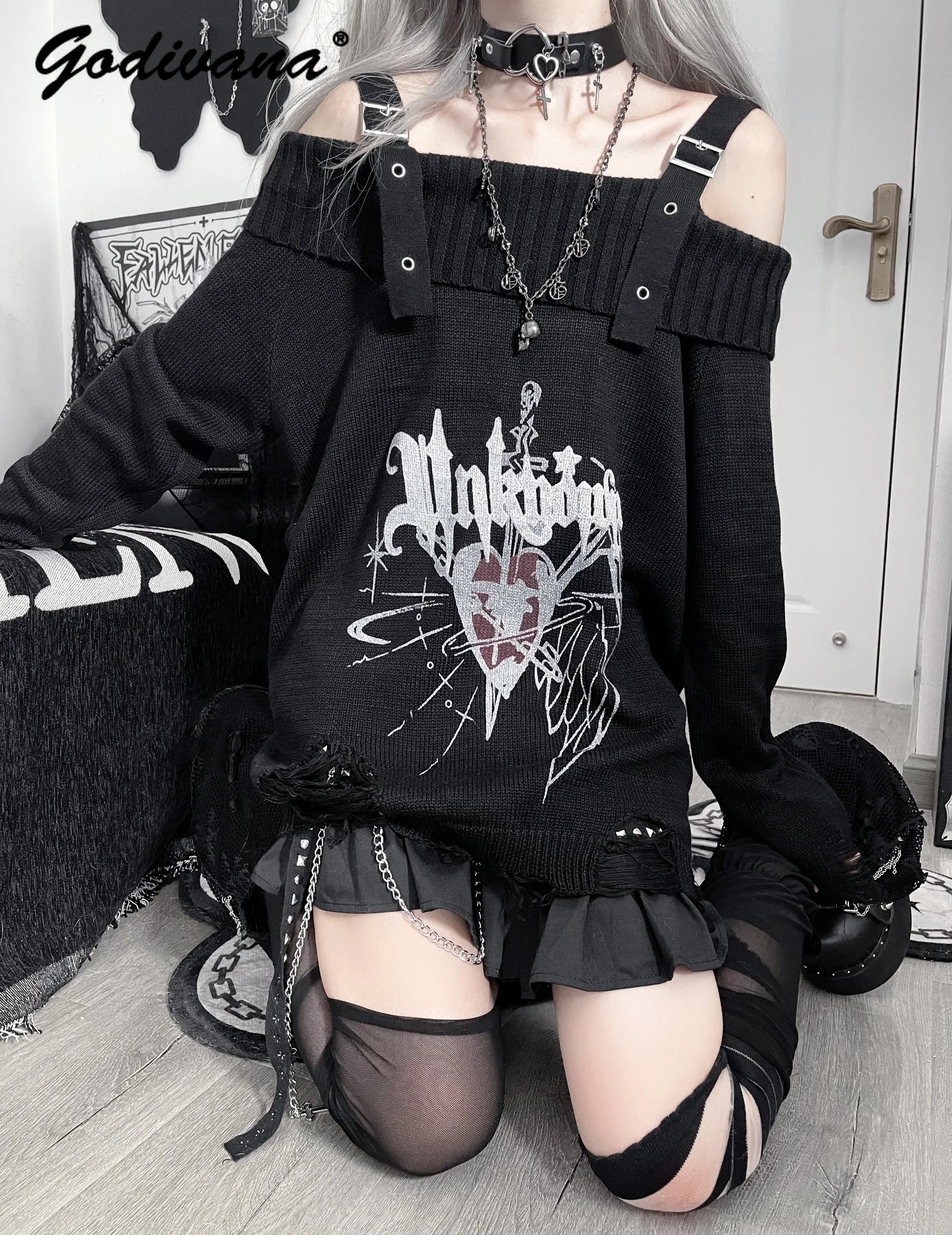 Original New Japanese Sweet Cool Girls Y2K Subculture Ripped Off-the-shoulder Lapel Sweater Women's Goth Knitwear Pullover Tops