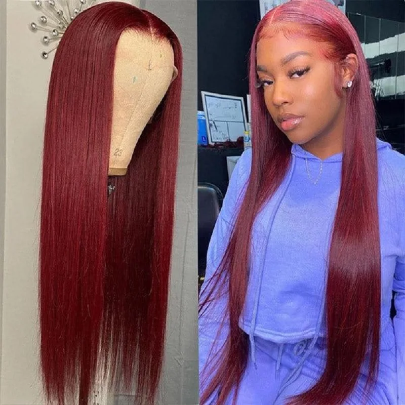 

30 36 Inch 99J Burgundy 13x6 Lace Frontal Wigs Red Colored straight 13x4 HD Transparent Lace Front Human Hair Wig For Women