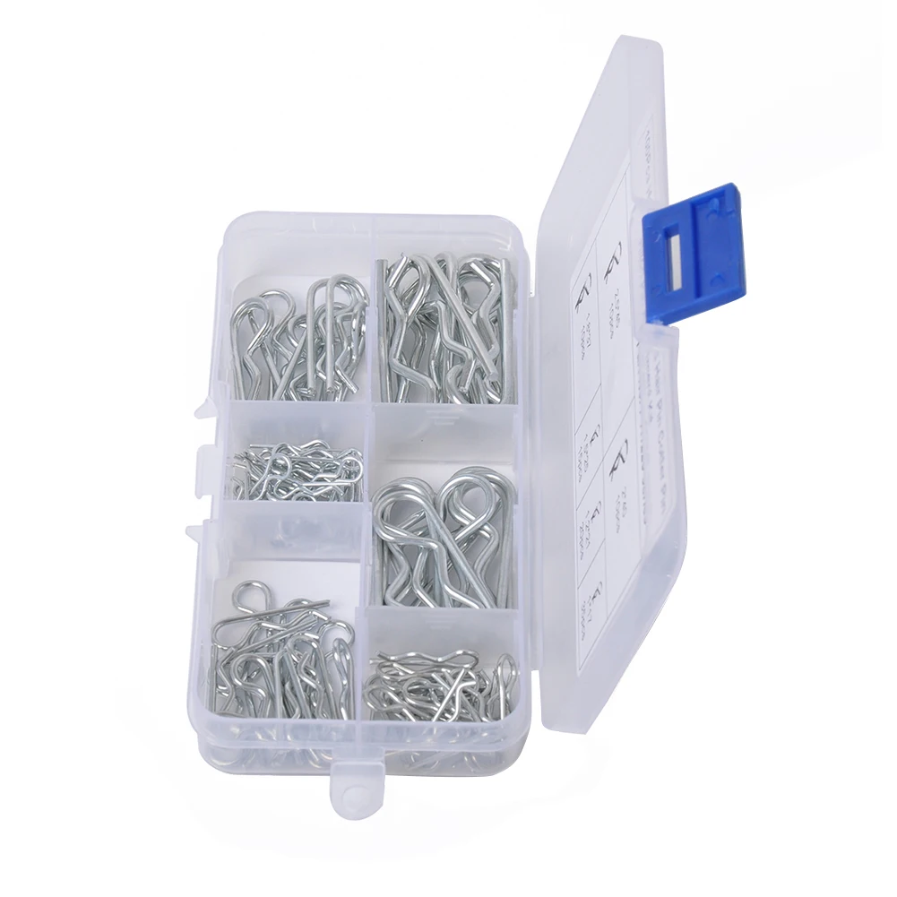100pcs Split Cotter Pins Kit with Plastic Box R-shape Pins Assortment Kit Carbon Steel Fastener Pins Galvanized for Car Supplies