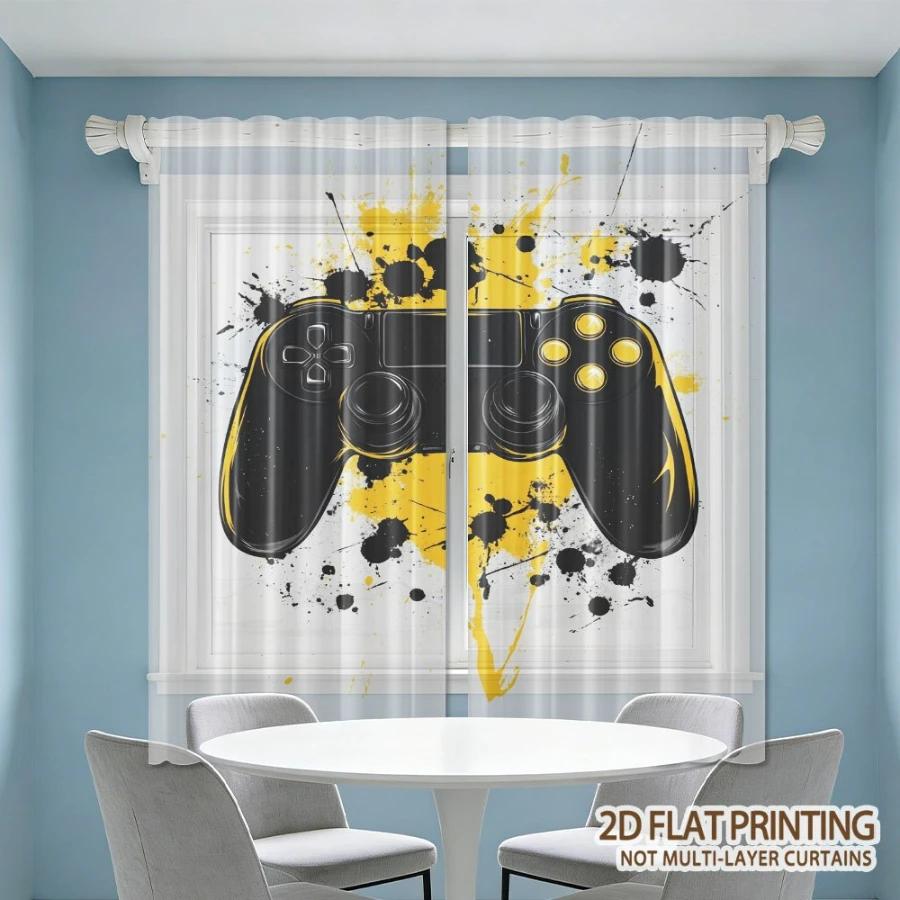 2PCS Digital Print Sheer Curtain, Yellow Black Ink Splash Game Controller, Boho Chic Window Curtains for Living Room Decor