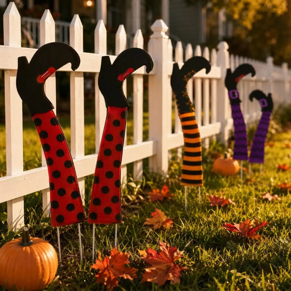 6pcs Striped Print Halloween Yard Stakes Pumpkin Bat Skull Witch Feet Lawn Decor Outdoor Upside Down Halloween Decor Props