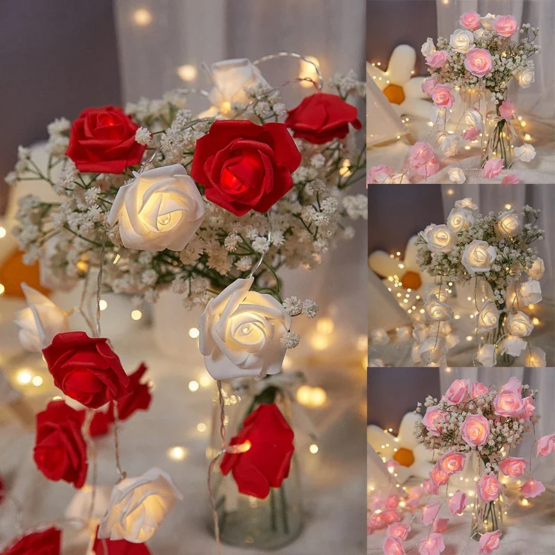 1.5M Red Rose String Lights Pink White Rose Fairy Light String Valentine Day Wedding DIY Decor Girls Bedroom Home Garden Decor