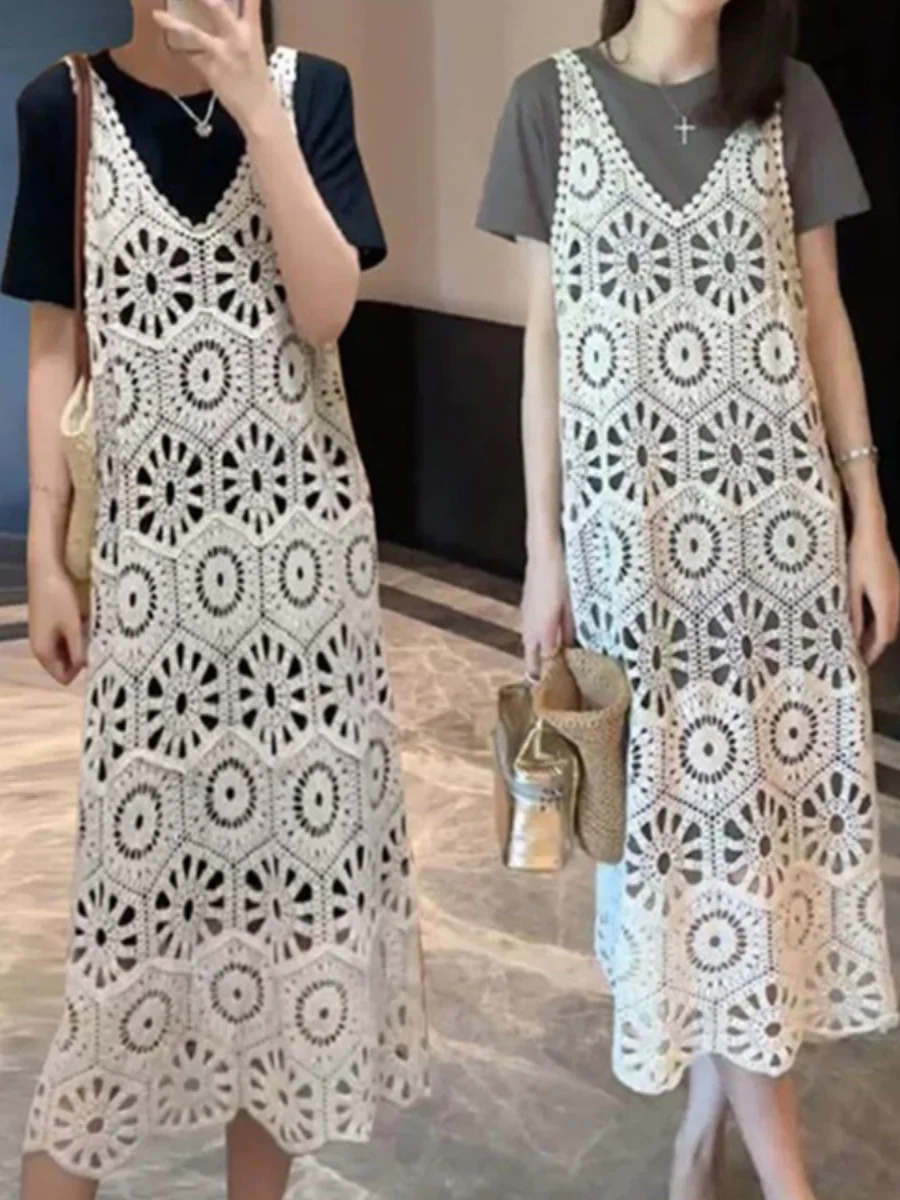 

plus Size 300 Pou Fat MM Hollow out Loose Strap Dr Set Women's Summer Mid-Length T-irt Dr Two-Piece Set Korean Sle