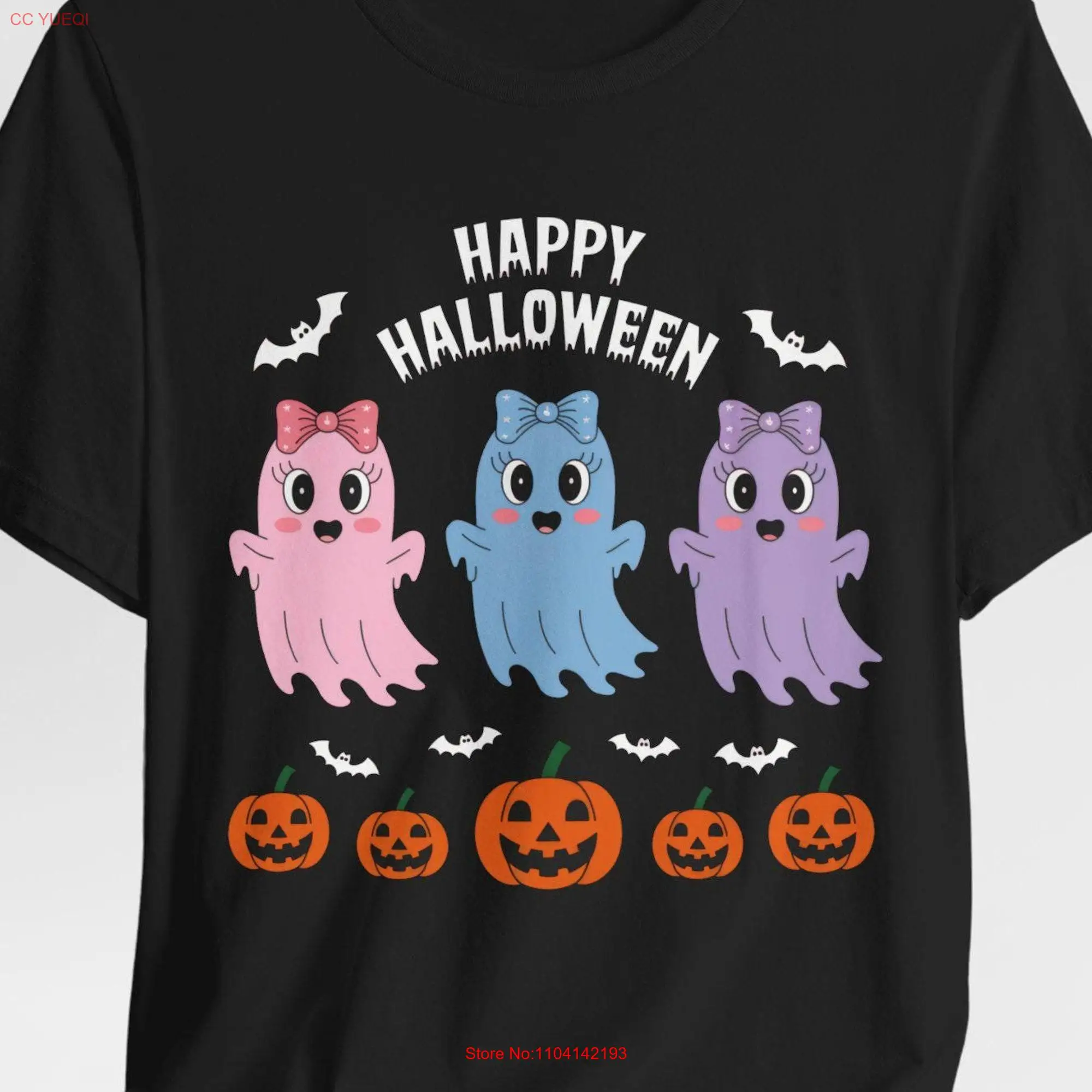 Ghost Trio Halloween T Shirt Cute Adorable Pastel Ghosts Pumpkins Bats Spooky Holiday Coquette Hair Bows Scary