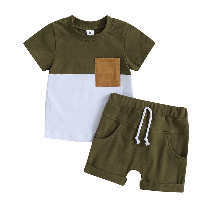 

2Pcs Toddler Boys Summer Outfits Short Sleeve Contrast Color Patchwork T-Shirt Shorts Set Kid Clothes