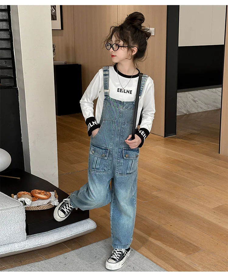 Frühlings- und Herbst-Kinder-Jumpsuit mit Tasche für Mädchen, Jeans-Latzhose, Kinder-Mädchen-Denim-Overalls für Teenager, Latzhose – Detail 4