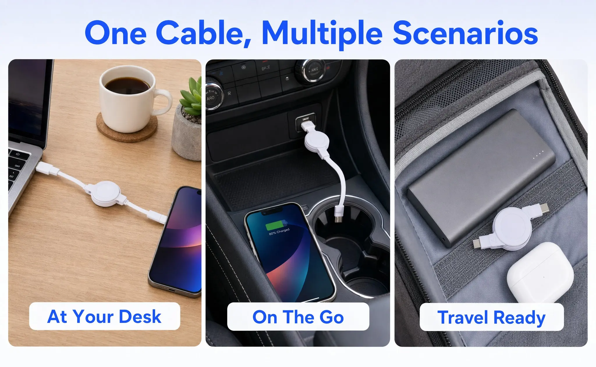USB 3.1 Type-C Retractable Charging Cable Foldable Portable Fast Charger Cord Compatible with Android Phones for Travel Office