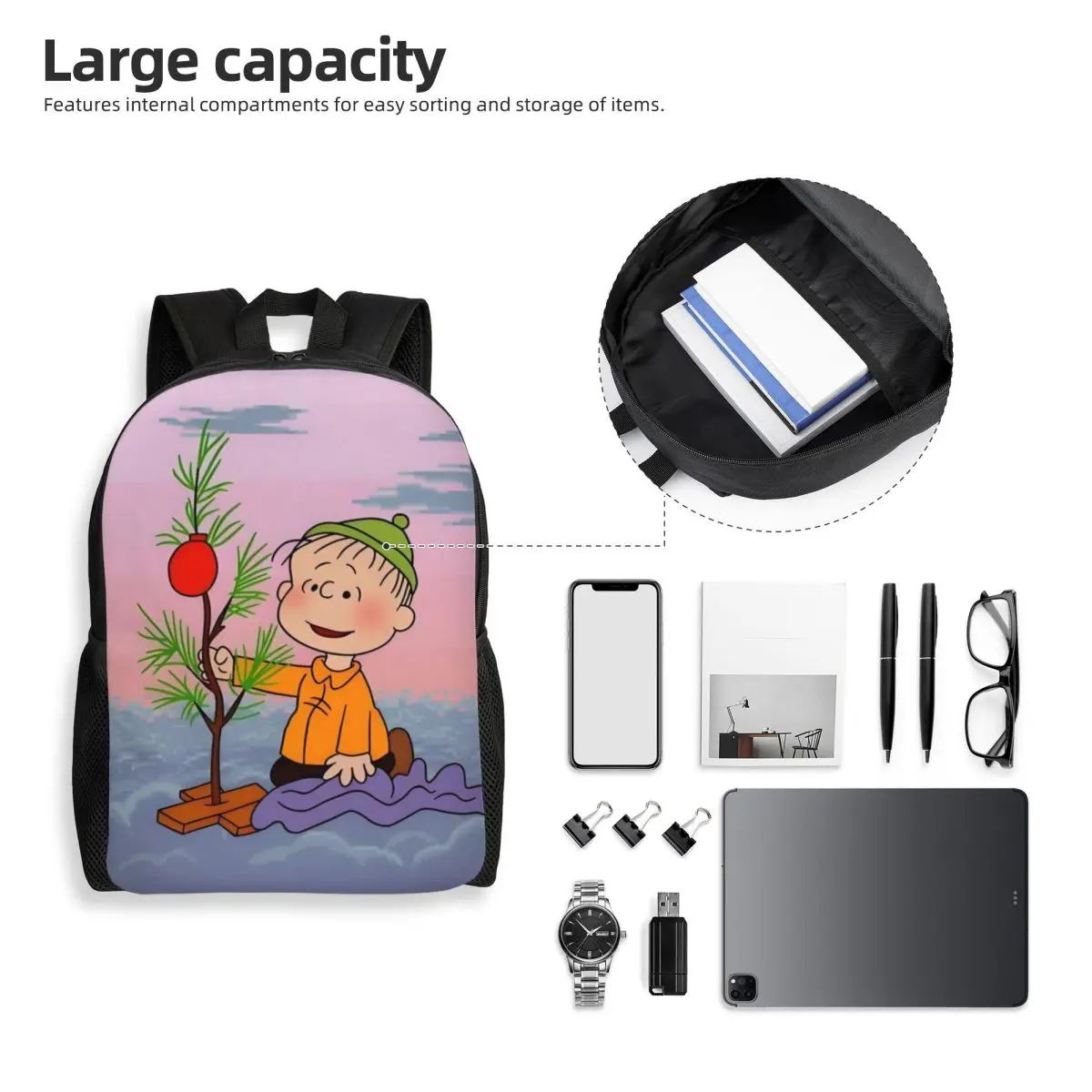 مخصص 3D الطباعة تشارلي براون عيد الميلاد على ظهره كبير رئيس الوجه المبتسم مدرسة كلية حقائب السفر حقيبة الكتب يناسب كمبيوتر محمول 15 بوصة #5