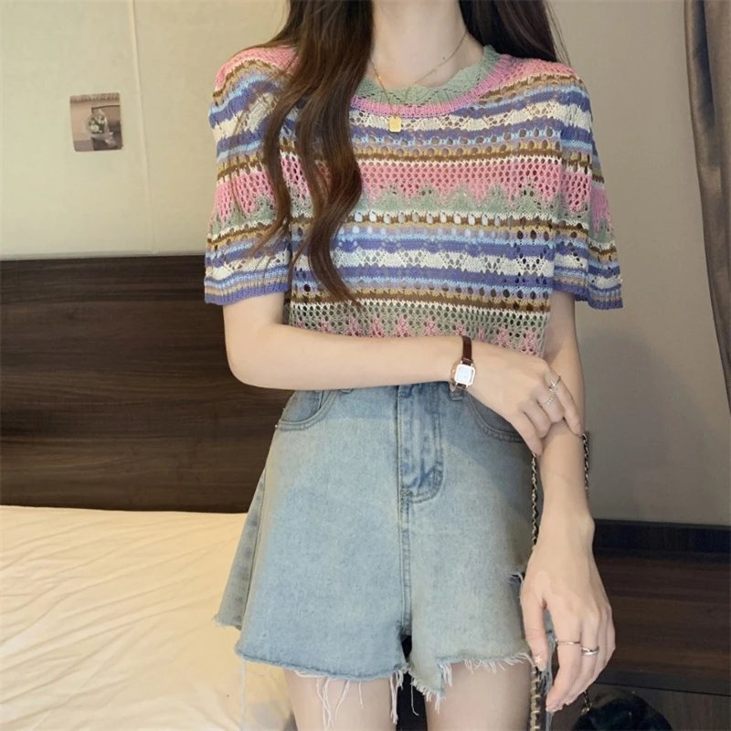 Women Short Sleeve Tops Summer Crocheted Knit Blouses T Shirt Hollow-Out Sweater