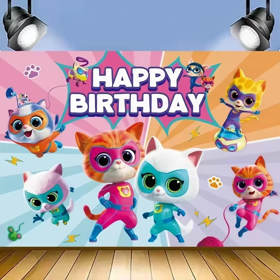 Niedliche Superkitties Geburtstagsparty-Dekoration Pfoten-Miau-Katzen-Tischgeschirr Tischdecke Teller Becher Ballon-Set Kinderparty-Zubehör Babyparty – Detail 4
