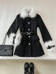 Winter Korean Fashion Solid Long Sleeve Coat Women Design Chic Warm Lapel Patchwork Overcoat Vintage Casual Slim Black Coat New