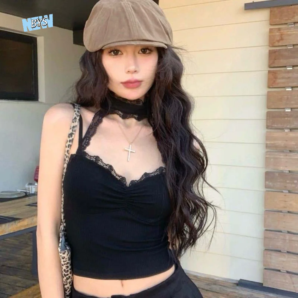 

Fashion Hanging Neck Lace Ruffled Lace Camisole V-neck Slim Fit Lace Corset Streetwear Tanks Crop Tops Ladies
