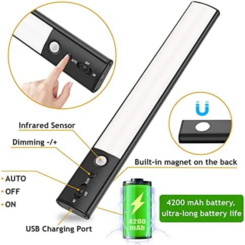 Беспроводное освещение для шкафа, 2 упаковки, 100 дюйма, встроенный USB-перезаряжаемый датчик движения