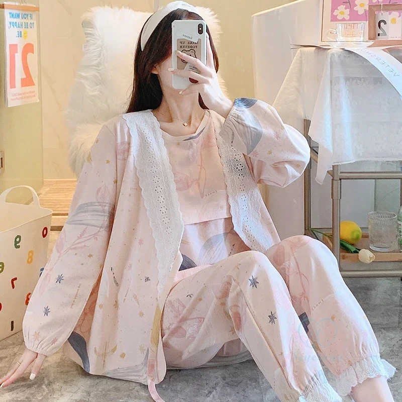 

3PCS Sets Thin Milk Silk Lace Maternity Nursing Sleepwear Sweet Feeding Pajamas for Pregnant Women Pregnancy Home Hospital Wear