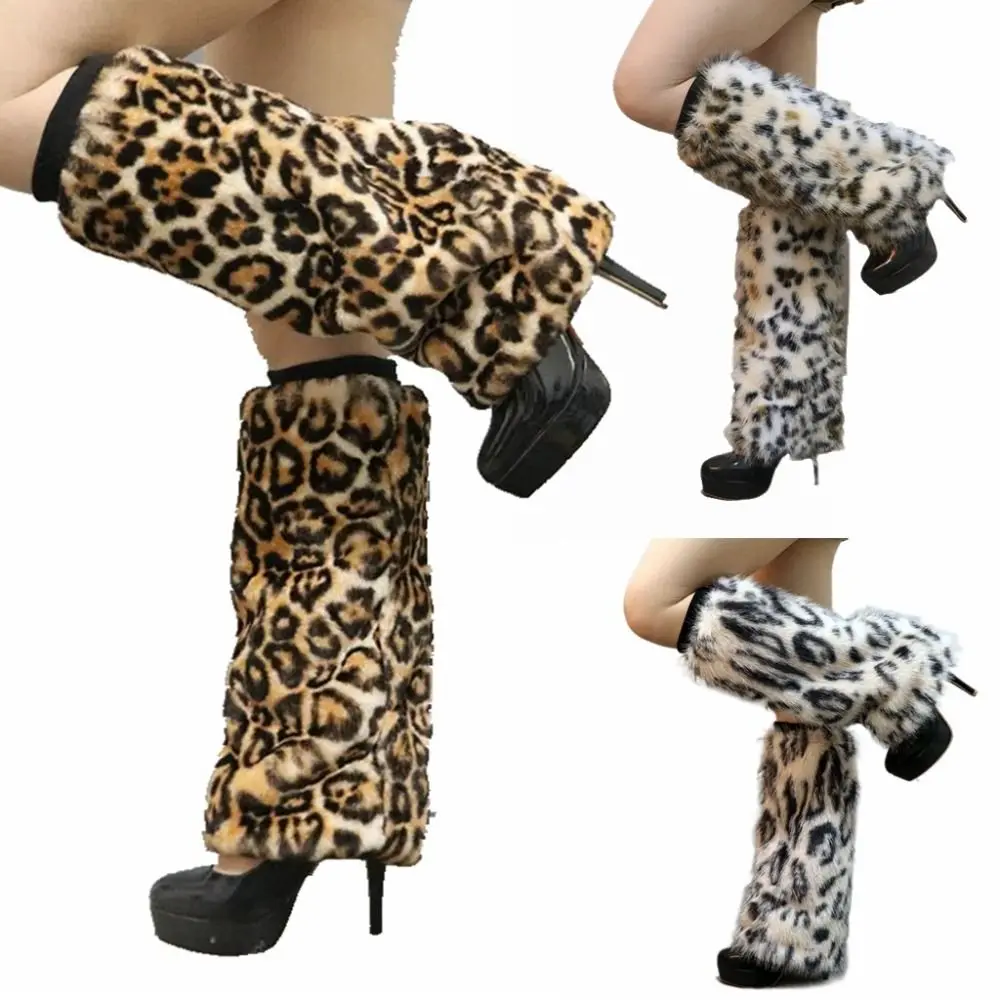 Soft Faux Fur Leopard Leg Warmers Japanese Style Y2K Long Tube Stockings Thickened Warm Furry Leggings Sleeve Lolita JK