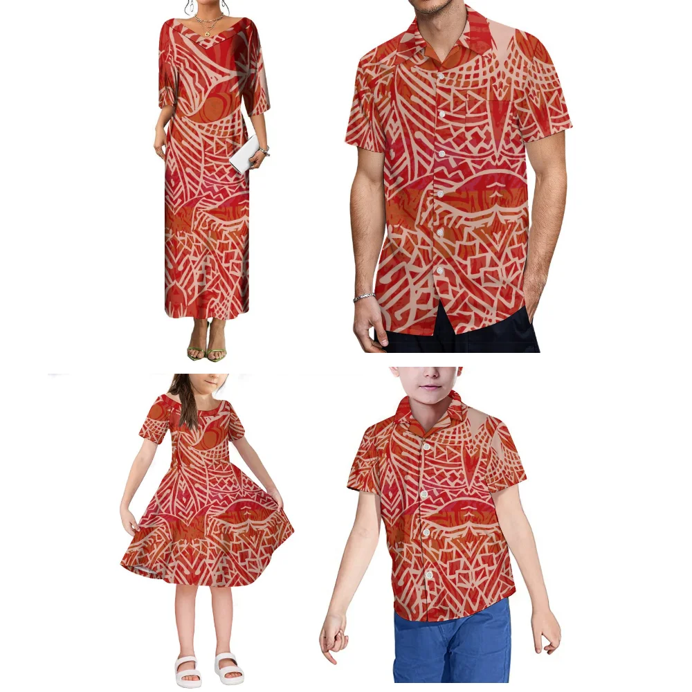 A Custom-Made Family Set Featuring Polynesian Tribal Print Designs For Mother-Daughter Dresses And Father-Son Shirts