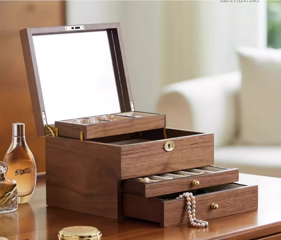 Wooden jewelry box Wedding engagement wedding gift Valentine's Day high-end desktop with lock storage box