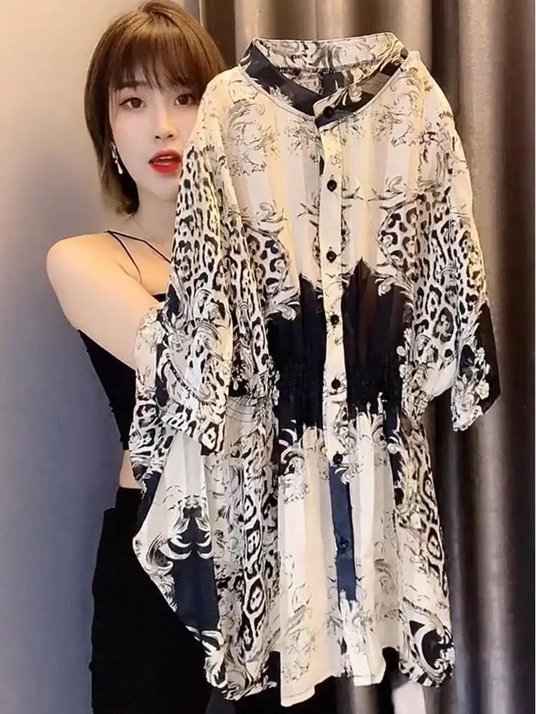 الربيع الصيف المرأة فضفاضة تناسب الشيفون irt ort Sve ميدي طول تصميم الكورية Sle قميص مطبوع عصري Faion