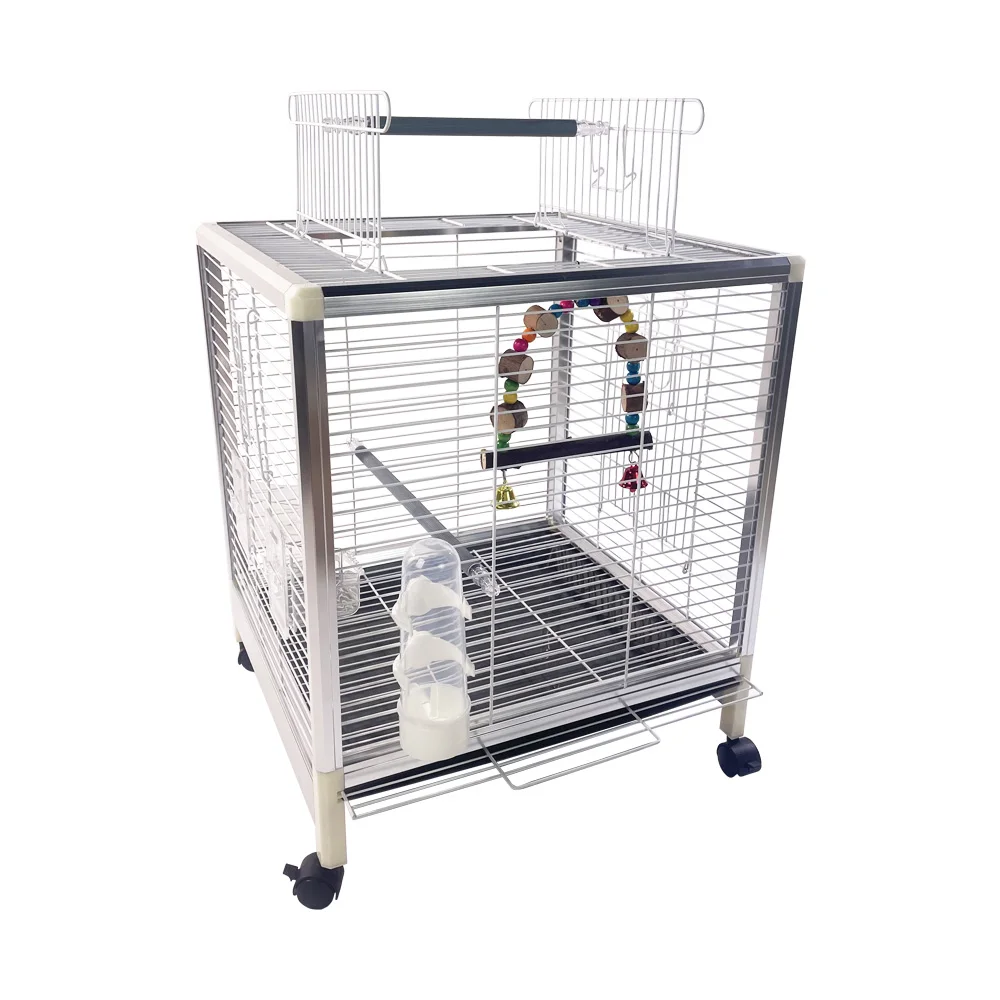 

Acrylic transparent indoor stainless steel large size parrot cage with bird food plate and universal wheel