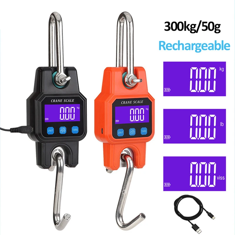 300kg Digital Hanging Scale Rechargeable Portable Heavy Duty Crane Scale Stainless Steel Hook Scale Weight Balance Luggage Scale