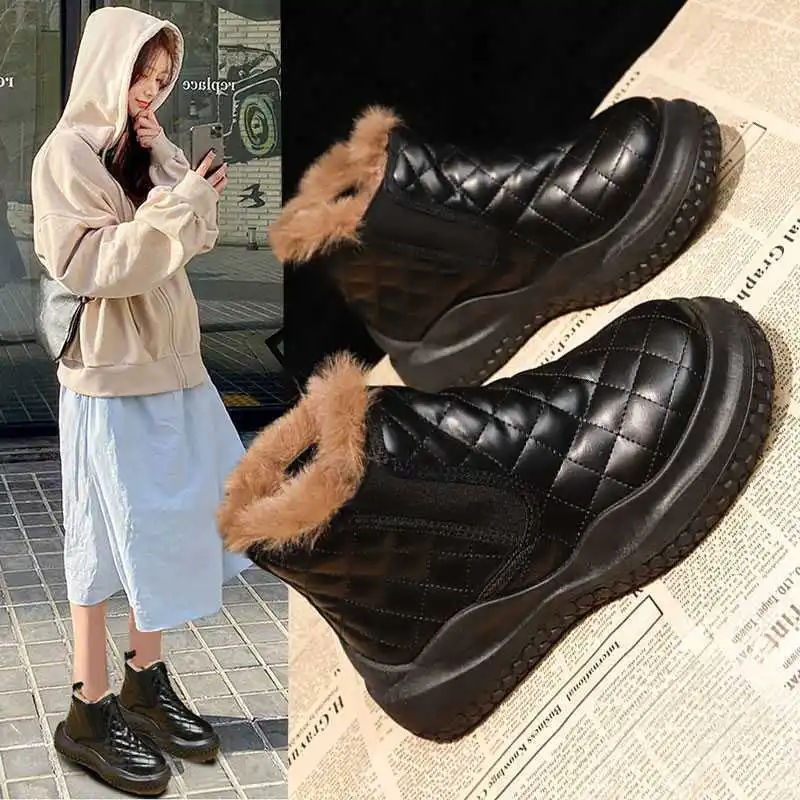 

Women's Fleece Lined Thick Winter Boots Short Bread Style Shoes Warm Waterproof Non Slip Cotton Shoes Korean Fashion Snow Boots