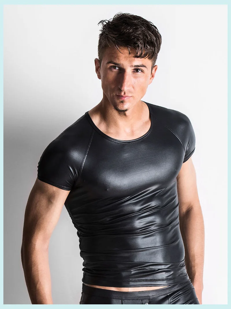 Mens Sexy Leather Tights Tops Zipper Crotch Shorts Stretch Fetish Wear Slim Hot Pants Bodycon Shaping T-shirts   Ecoparty