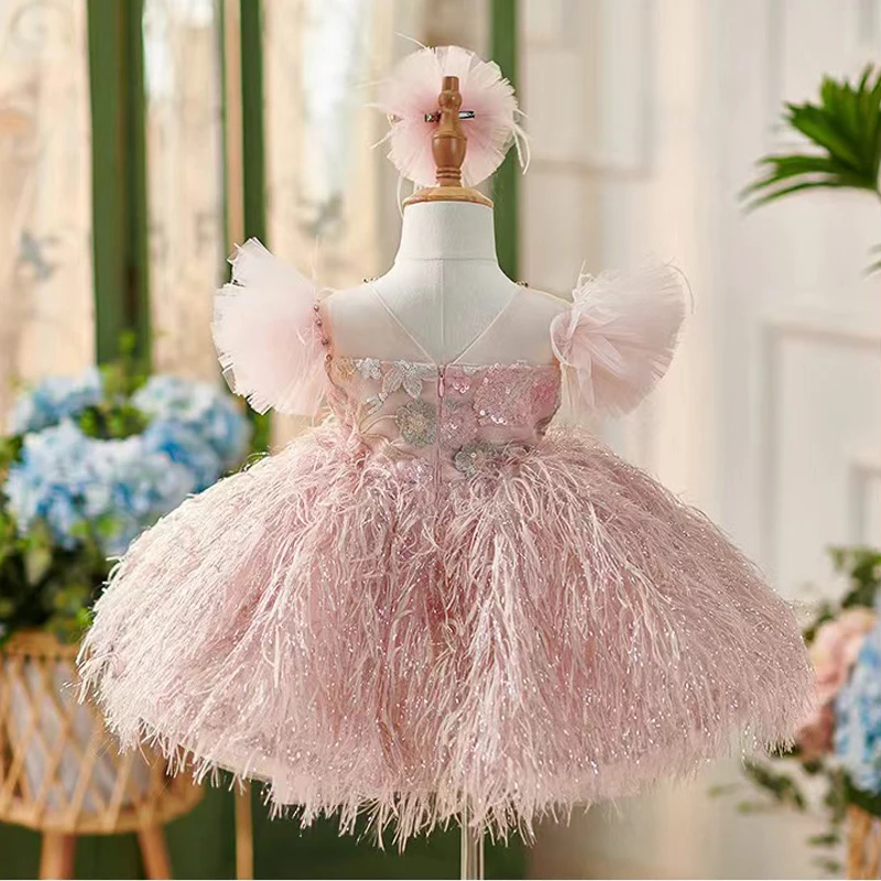 Sweet and Elegant Pink Children's Dress Princess Dress Baby Girl's One Year Birthday Party Prom Evening Dress Mesh Puff Dress