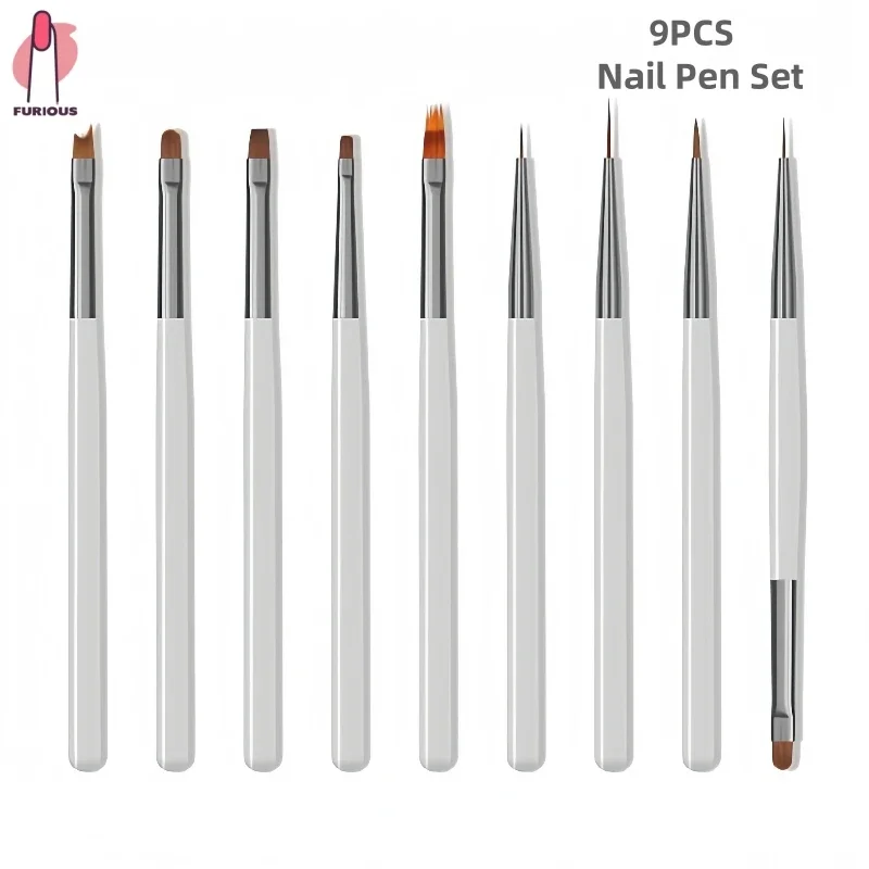 9 pçs pincéis de arte do prego profissional pintura caneta forro diy escova para design da arte do prego ferramenta manicure marrom e cinza