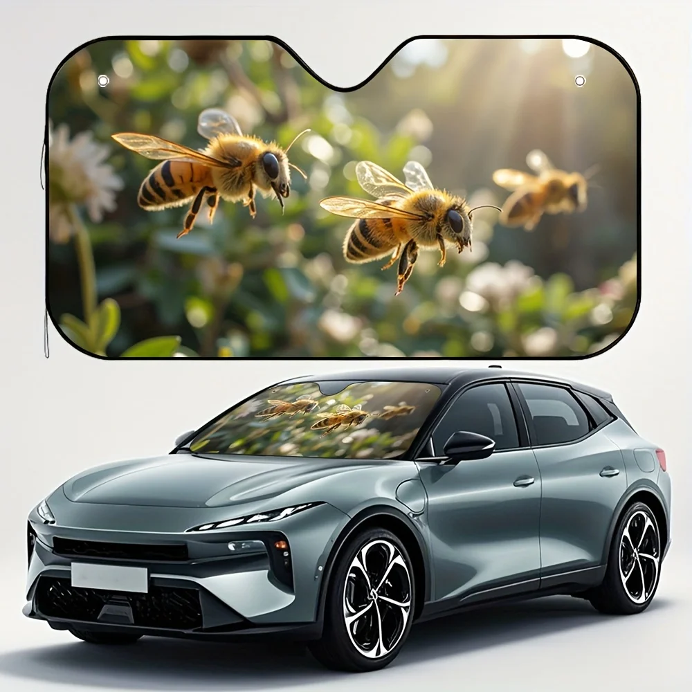 

1pc Hibiscus Flower Bee Car Sun Visor - Foldable Sunshade With Vibrant Floral & Bee Design, Fit For Compact Cars, Space-Saving U