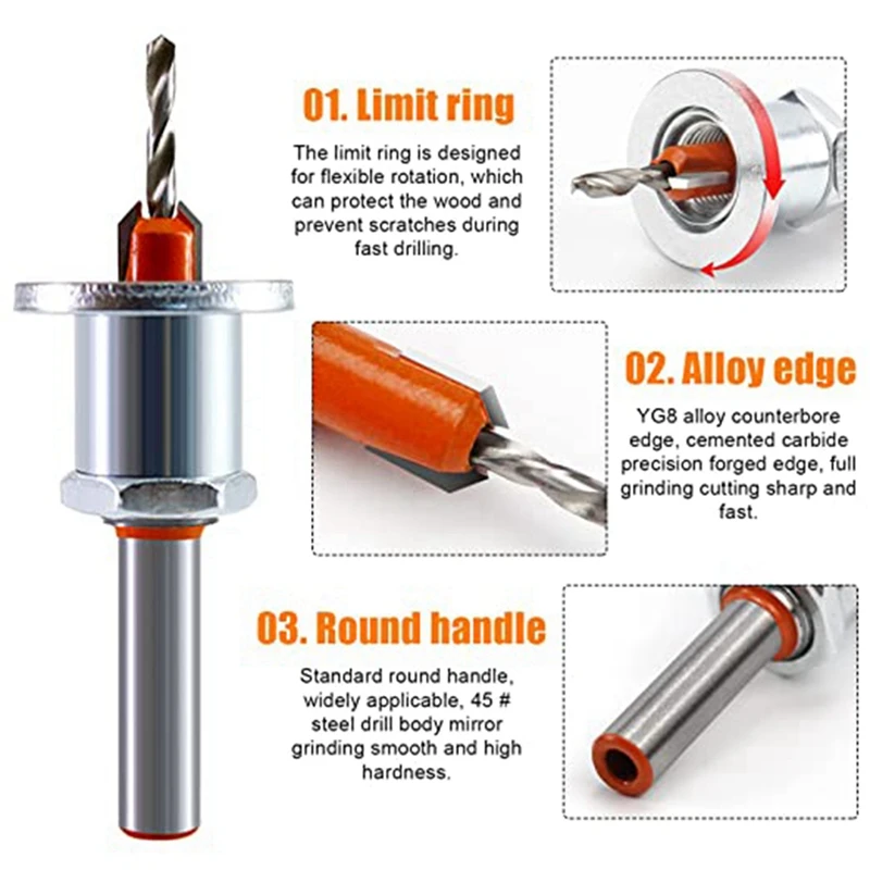 2er-Pack 8 mm Metallbohrer-Holzbohrer-Teilesatz mit Tiefenanschlag für Holzbearbeitung, Kunststoff, Bohren