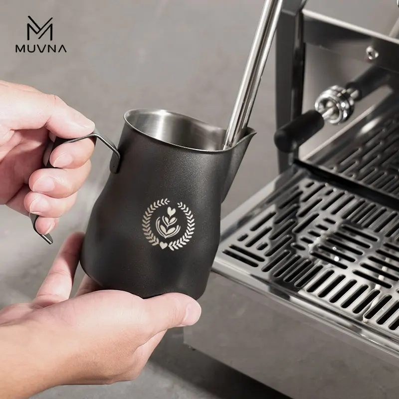 MUVNA Espresso Milk Pitcher,350/450ml Coffee Milk Frothing Jug,Sharp Spout Latte Art Pitcher with Wide cup body,Black/Silver