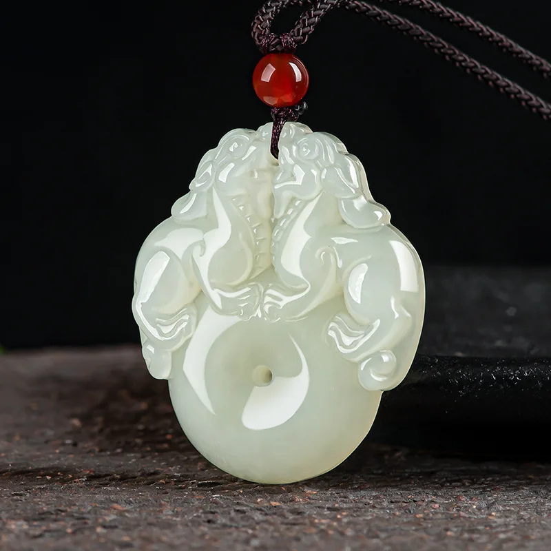 Natural White Jade Double Pi Xiu Ping An Buckle Pendant Jadeite Charm Necklace Exquisite Jewelry Luck Amulet Sweater Chain Gifts