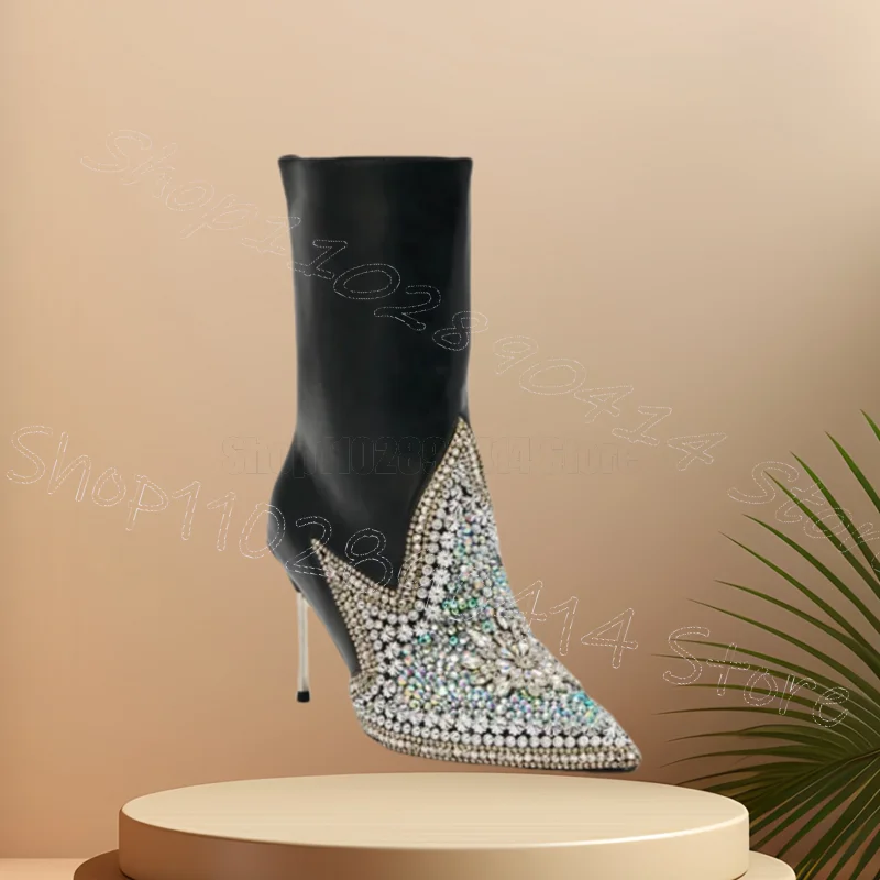 

Crystal Flower Black Pointed Toe Mid Calf Boots Back Zipper Women Shoes Thin High Heels Party Banquet 2025 Zapatos Para Mujere