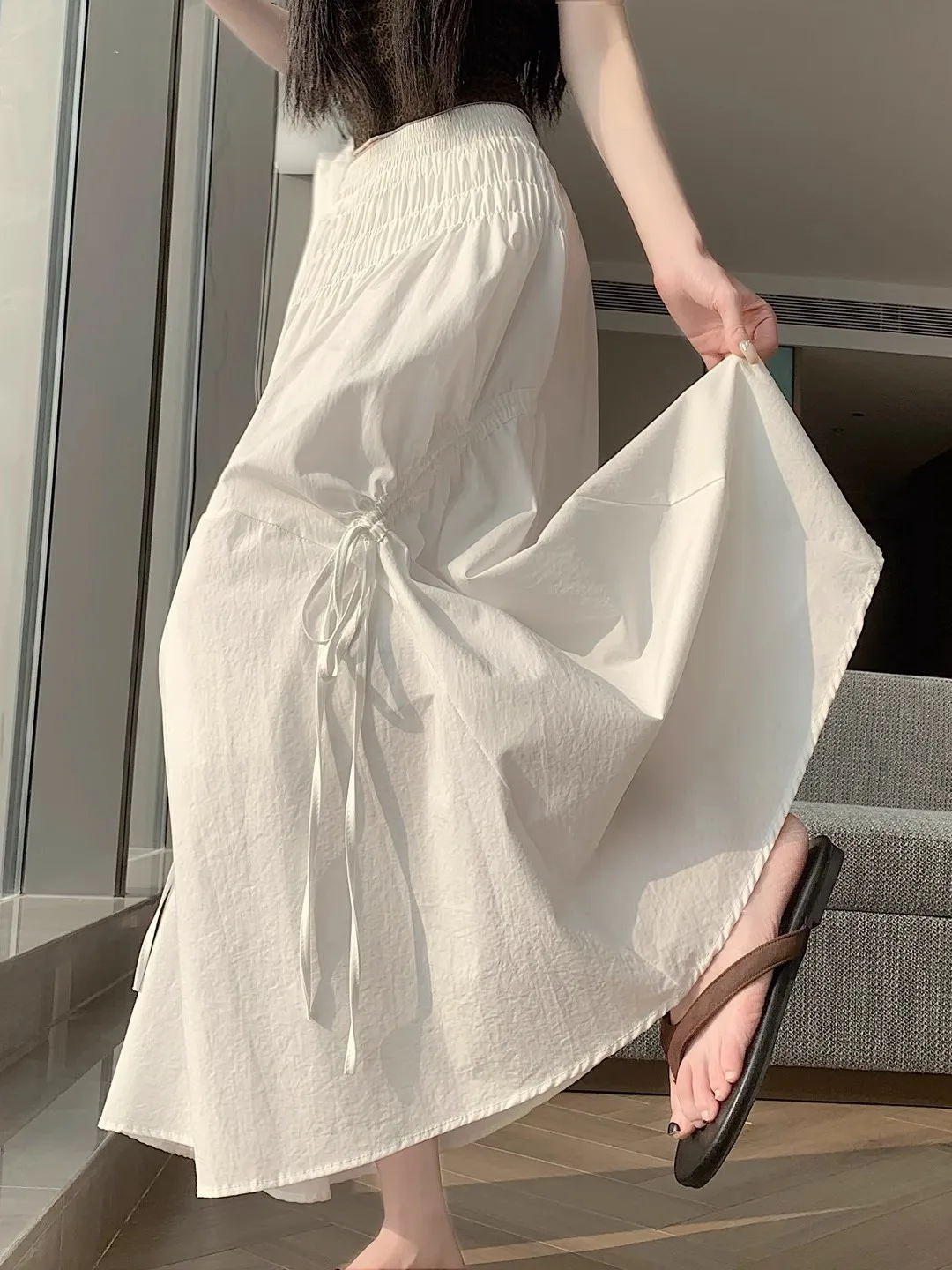 

Summer Women's High Waist A-Line Midi Skirt Cotton Pleated Flared Skirts Elegant Slimming Gown Commute Style